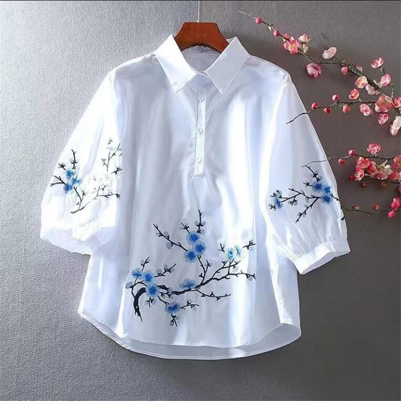 Embroidery Uniforms - White Embroidered Shirt Women Blouse Pure