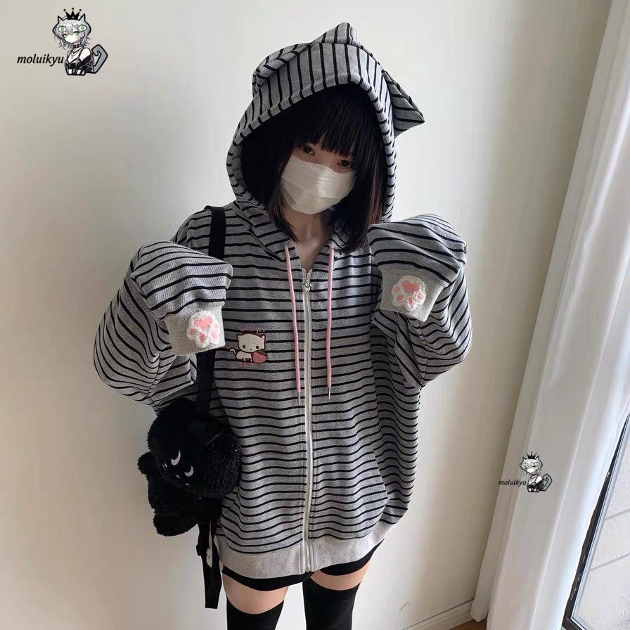 Y2K Women Striped Zip Up Jacke - Embroidery Cat ulasan dan harga